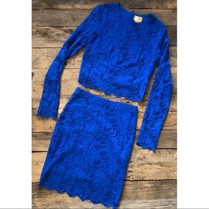 H&M Gold Label Lace Blue Long Sleeve Top Skirt Set